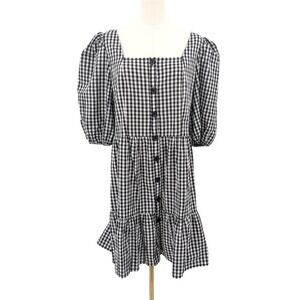 Cottagecore Gingham‎ Cotton Babydoll Dress Puff Sleeve Tiered L NWT
